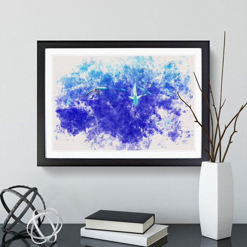Oahu Sharks - Framed Print, 62cm H x 87cm W x 2cm D, Black Framed
