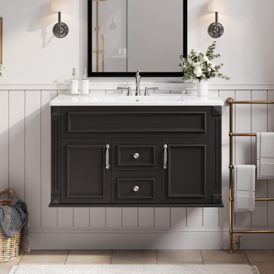 Armoire de salle de bain murale avec lavabo en céramique et tiroirs, meuble-lavabo simple de style français avec charnières à fermeture douce