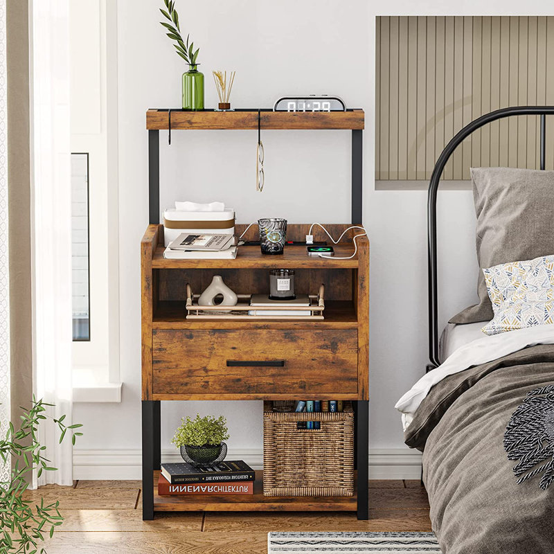 Drawer Nightstand Led Nightstand End Table Side Table, Brown
