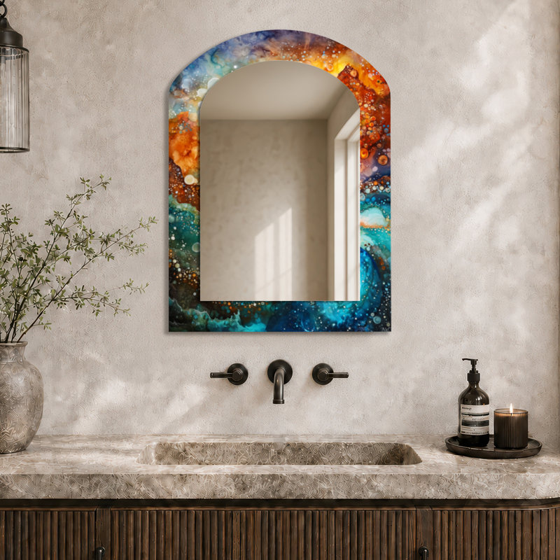 Miroir mural contemporain - vortex céleste vert et orange dans l'espace, impression sur métal, 34" x 25"