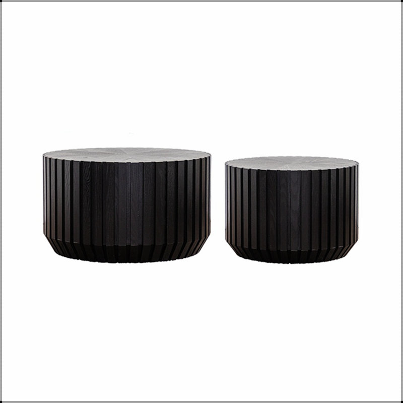 Ensemble de 2 tables basses cannelées - Tables d'appoint rondes en bois massif et en panneau de fibres à densité moyenne pour petits espaces, entièrement assemblées et élégantes