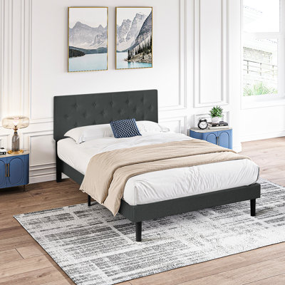 Twin Size Dark Gray Upholstered Platform Bed - Modern Linen Headboard With Button Tufting, No Box Spring Needed, Easy Assembly, Wood Slat Support, 300 Lbs Weight Limit Headboard, , Required, Max Load