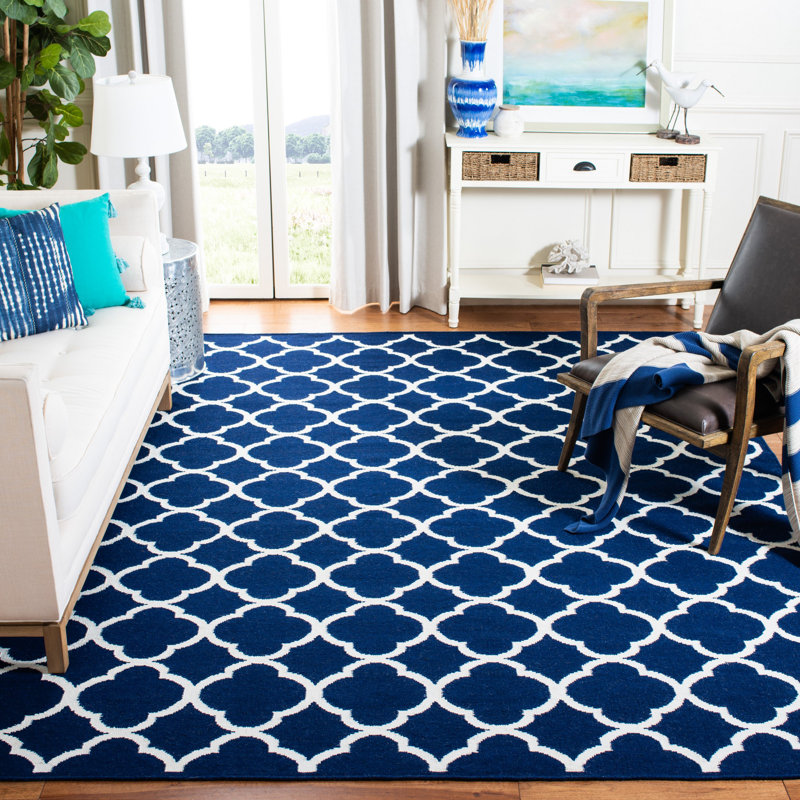 Rodgers Hand Woven Flat Weave Banana Silk/Wool/Cotton Geometric Rug in Navy/Ivory, Rectangle 8' x 10'