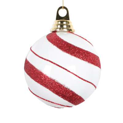 Ornement boule blanche et rouge 4 po Vickerman. Comprend 3 pièces par sac.