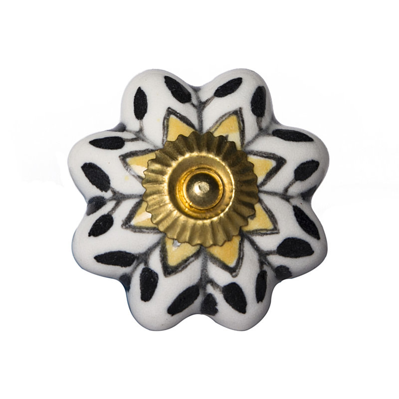 Ensemble de huit boutons de tiroir en céramique noire et jaune et métal