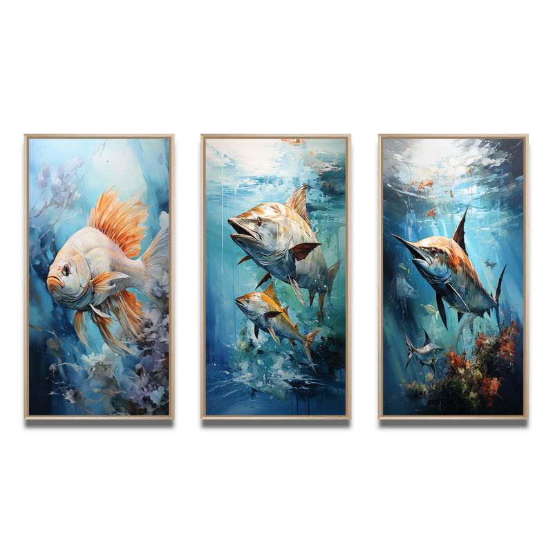 «Fishing Majestic Catch», 3 pièces sur toile, Encadré naturel, H 40 po x l 60 po