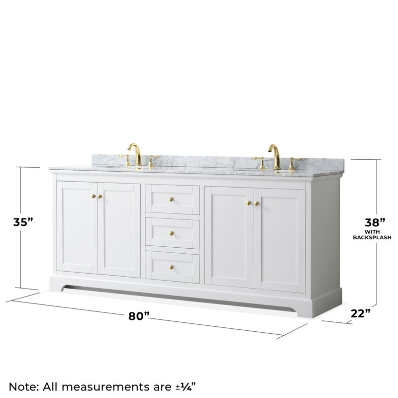 Avery 80'' Double Bathroom Vanity with Stone Top, White, Brushed Gold