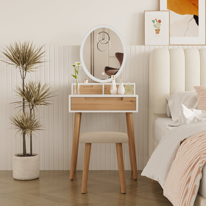 Barther Vanity Table Set with Adjustable Brightness Mirror and Cushioned Stool, Natural/White/Beige