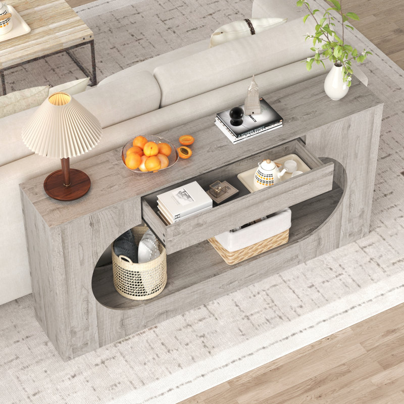 Console 63 po à grain de bois gris moderne avec tiroir de rangement
