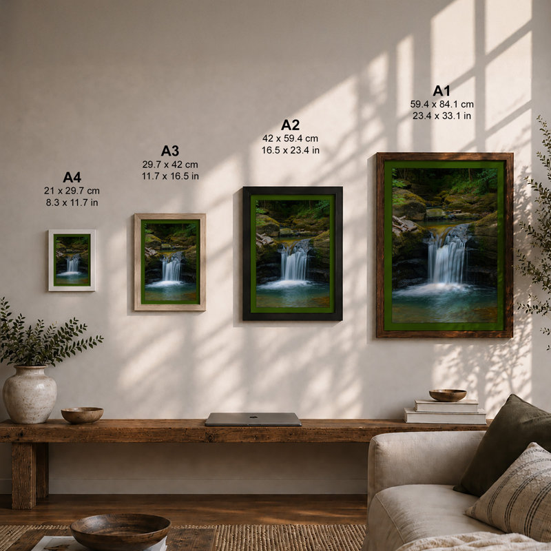 Emerald Waterfall Coastal - Framed Print, A2 - 59.4 x 42.0 cm, Oak