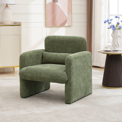 Fauteuil moderne en chenille – Fauteuil une place vert matcha avec dossier incurvé – Siège rembourré et coussin lombaire – Revêtement résistant aux taches – Fauteuil d'appoint confortable pour salon, chambre ou bureau
