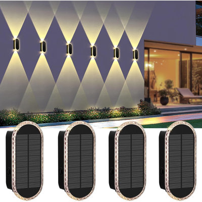 4 Pack Solar Powered Fence Lights With Up & Down Lighting, 3-color Mode Led Outdoor Wall Lights, Ip65 Waterproof