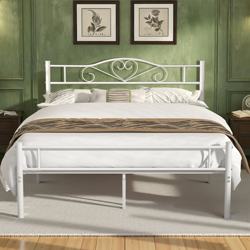 Full Size Metal Bed Frame with Headboard & Footboard, White Modern Farmhouse Platform Bed with with Decorative Victorian Headboard, Mattress Foundation with Heavy Duty Steel Slats Support, No Box Spring Needed, Underbed Storage
