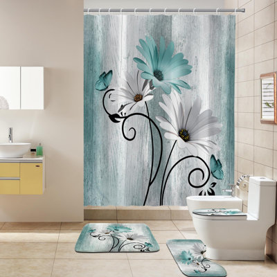 Ensemble de rideau de douche 4 pièces sarcelle campagnard avec rideau de douche, tapis et accessoires, ensemble de rideau de douche imperméable avec crochets de 12 pièces, 71 x 71 po
