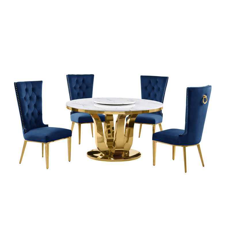 Ensemble de salle à manger à base de marbre et piédestal pour 4 personnes Kenidi, Bleu marine