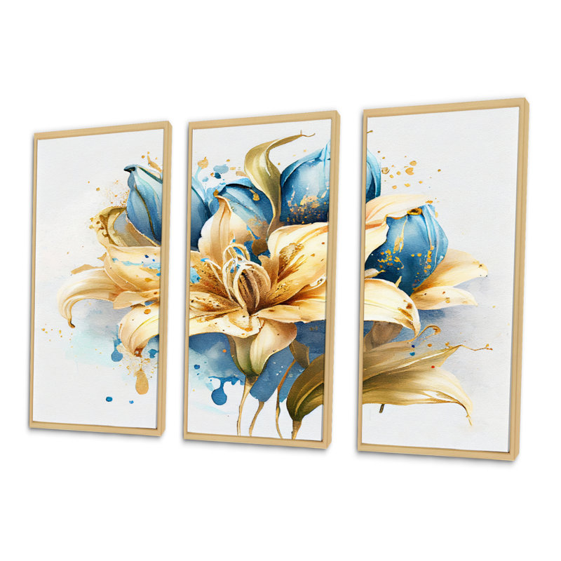 «Gold and Blue Lily Bouquet I», reproduction sur toile 3 pièces, H 28 po x l 36 po x P 1 po, Encadré naturel