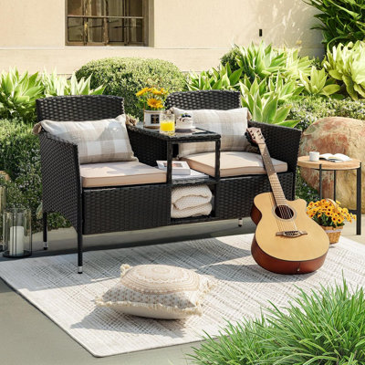 Causeuse d'extérieur moderne en rotin 2 places avec conversation et coussins et table basse intégrée pour la cour de jardin (beige)
