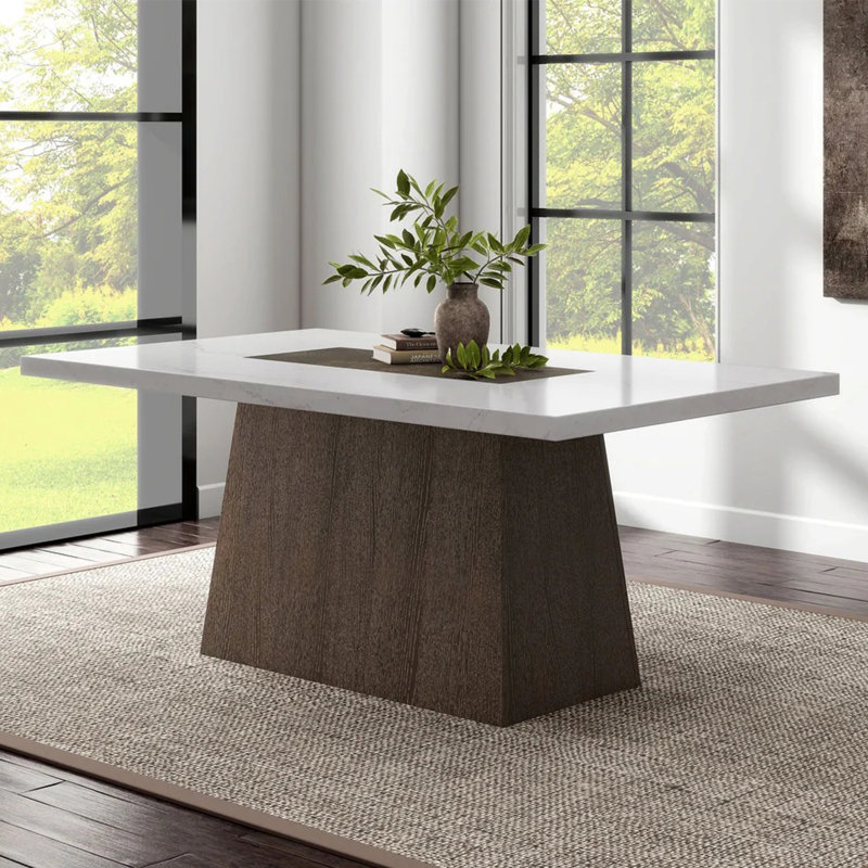 Rectangular Faux Marble Dining Table With Plinth Base In Dark Walnut And White