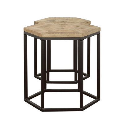 2 tables gigognes avec plateau en bois de manguier à forme hexagonale et bases en épingle à cheveux en métal noir pour un espace de vie élégant