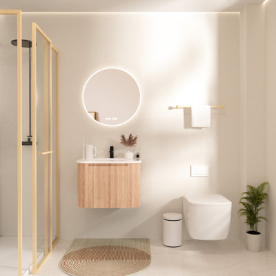 24 Inch Bathroom Vanity Wall - Hung, Smooth Arc Front, Natural Wood Grain, Integrated Cultured Marble Sink, Drawer For Organizing Cosmetics Mounted Vanity, Slatted Grain Texture, Ceramic Soft Close