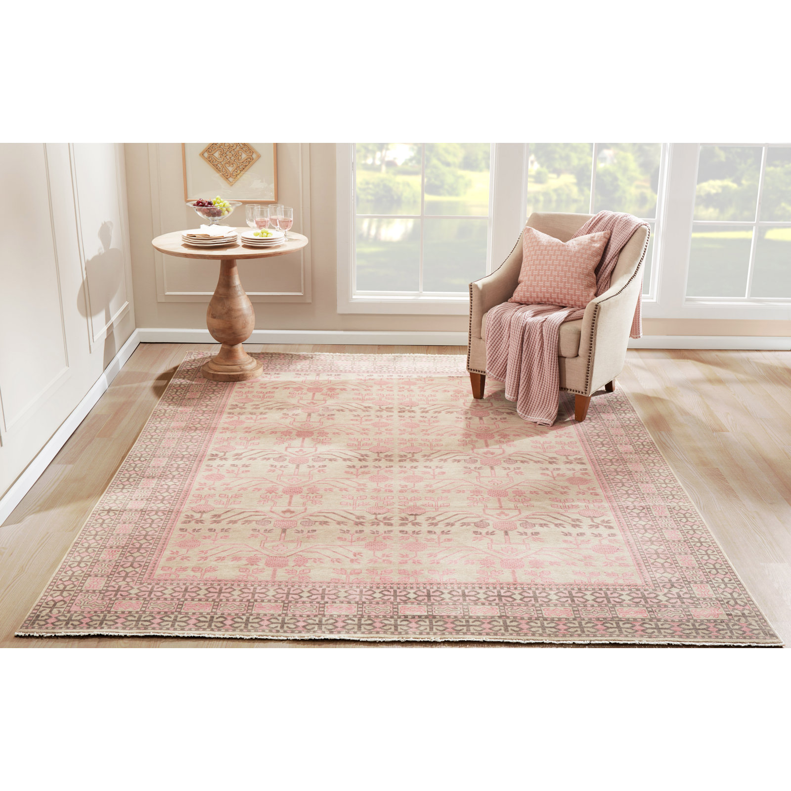 Leonardo Pink Brown Hand-Knotted Wool Oriental Rug, Rectangle 7'6" x 9'6"