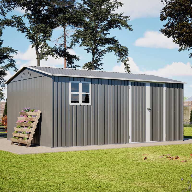 Grande remise extérieure en métal 14 x 10 pi avec rangement pour fenêtre et cadre de jardin transparent et porte latérale