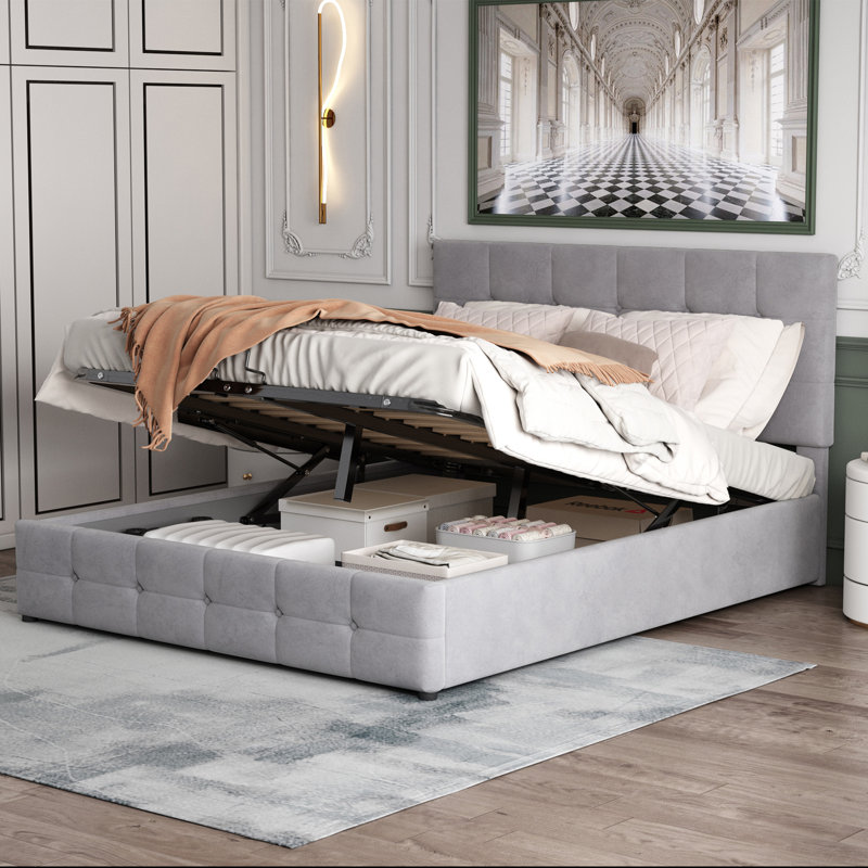 Brinsley Upholstered Velvet Lift Up Storage Ottoman Bed, Grey