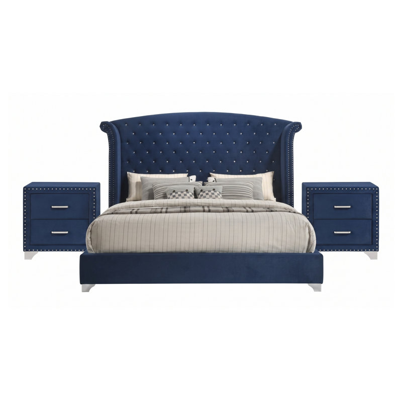 Ensemble de chambre à coucher 3 pièces Harmony Pacific Blue Eastern King avec lit à oreilles capitonné et tables de chevet assorties