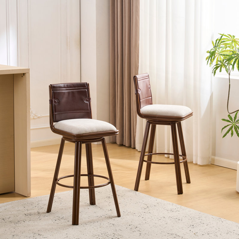 Tabouret de bar d'intérieur rembourré pivotant avec structure en métal, finition noyer et revêtement beige, ensemble de 2
