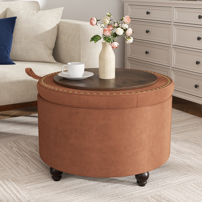 Button-Designed Upholstered Ottoman With Storage, Orange