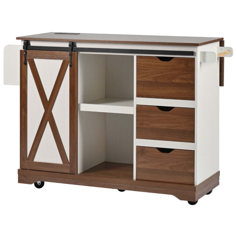 Îlot de cuisine 55,5 po avec abattant, îlot de rangement avec porte de grange