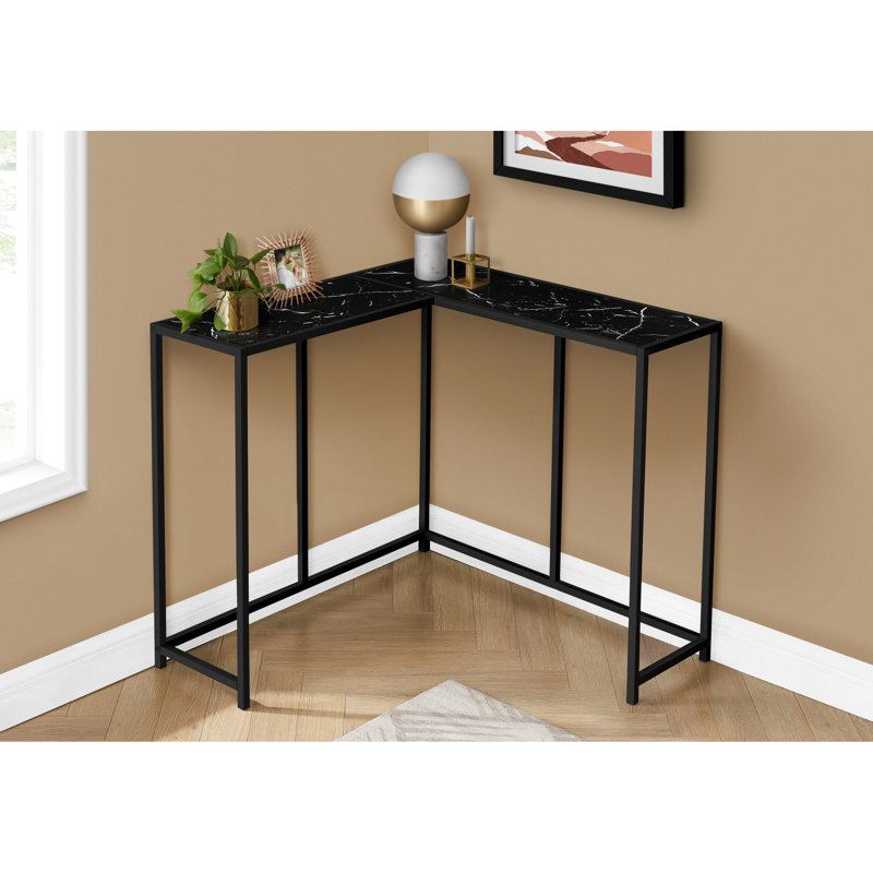 Table d'appoint contemporaine pour chambre à coucher - plateau en stratifié d'aspect marbre noir et structure en métal, base de console moderne à angle étroit, style