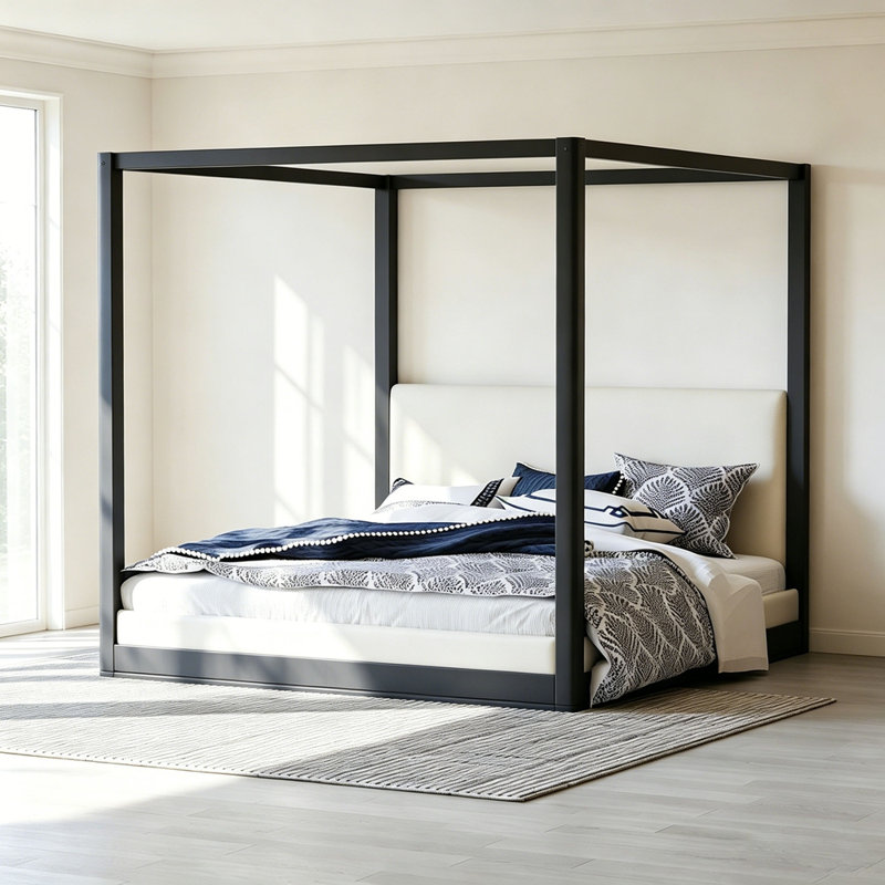 Wood Canopy Platform Bed with Upholstered Headboard, Black, King