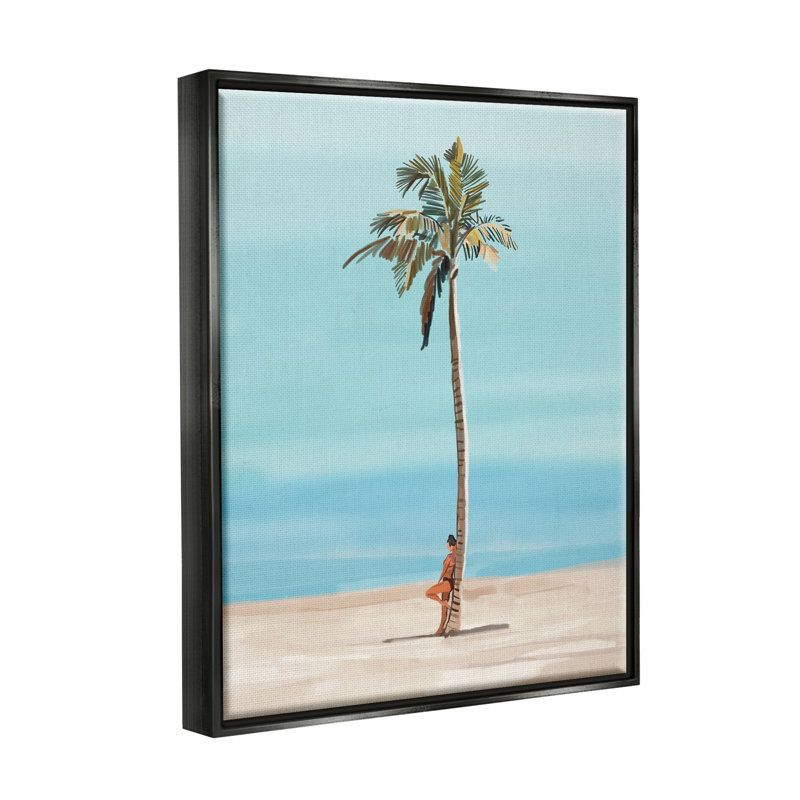 Au-429-Framed Girl Leaning On Palm Tree by Amelia Noyes - Floater Frame Print on Canvas, 21" H x 17" W x 1.7" D