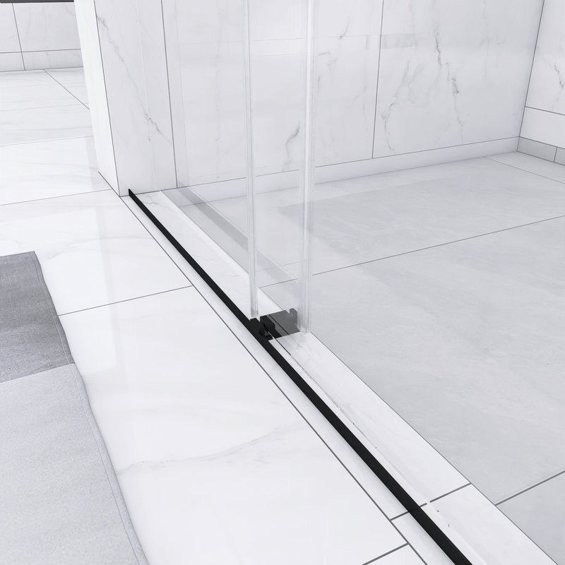 56 à 60 po X P 76 po H Double porte de douche coulissante sans cadre au fini noir mat, verre trempé de 3 cm (3/8 po) (10 mm), installation réversible, sans fermeture en douceur