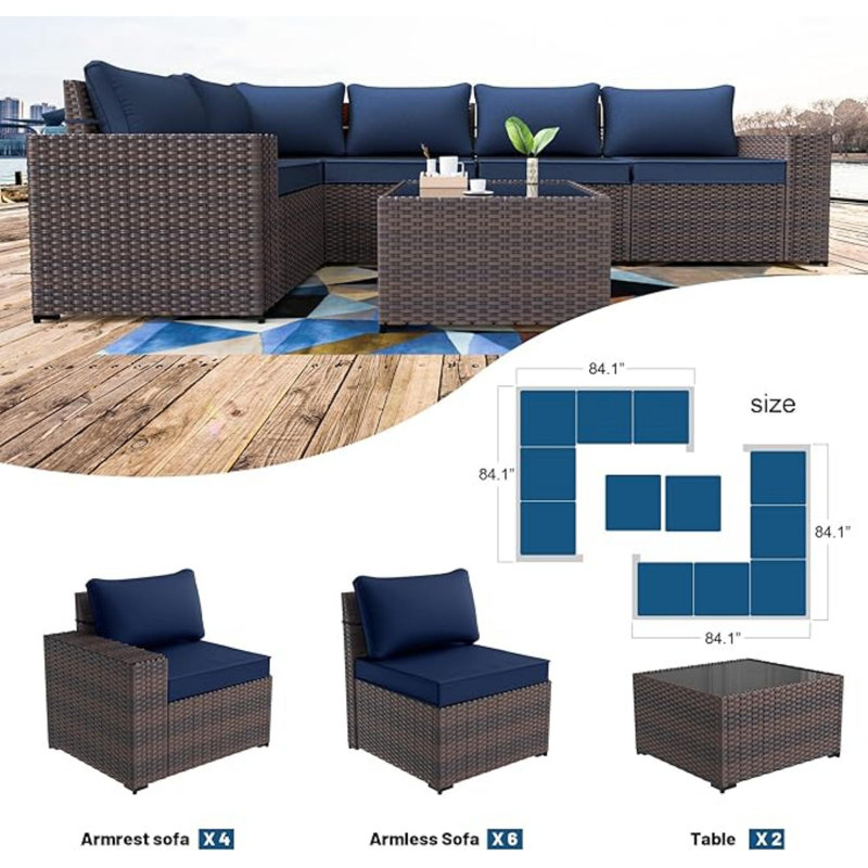 Dawes 12-Piece Outdoor Rattan Sectional Set With Cushions And Tempered Glass Table, Navy
