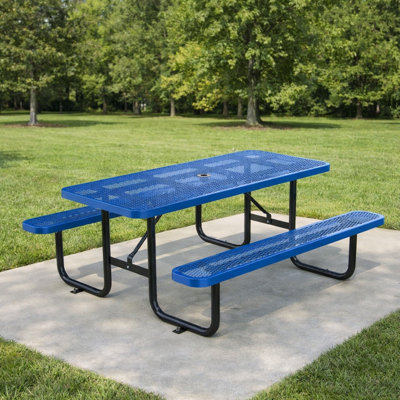 96 Inch Rectangular Picnic Table With Umbrella Hole, Blue Outdoor