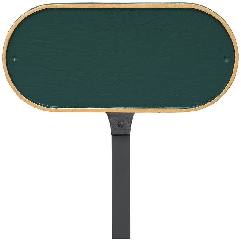 Plaque d'adresse oblongue avec piquet de pelouse, Vert forêt / doré, Oui