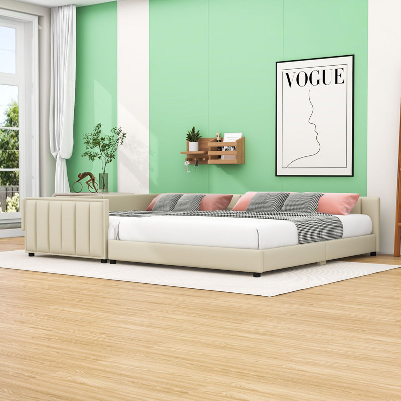 Thaleia Queen Size and Twin XL Size Upholstered Platform Bed with Slats, Beige