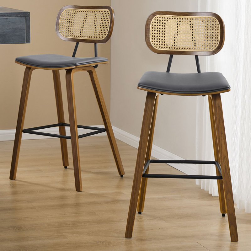 26" Modern Upholstered Low Back Rattan Wood Counter Height Stool, Gray Faux Leather, 2, Counter Stool (26"" Seat Height)