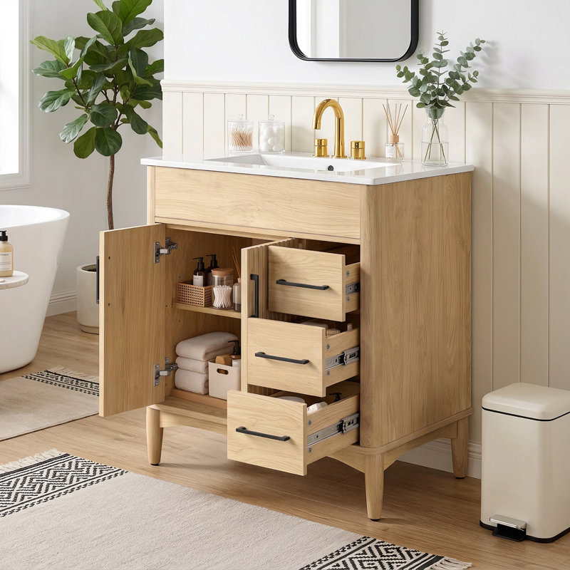 Meuble-lavabo autoportant cannelé traditionnel de 30 po avec pieds en bois d'hévéa, couleur bois naturel