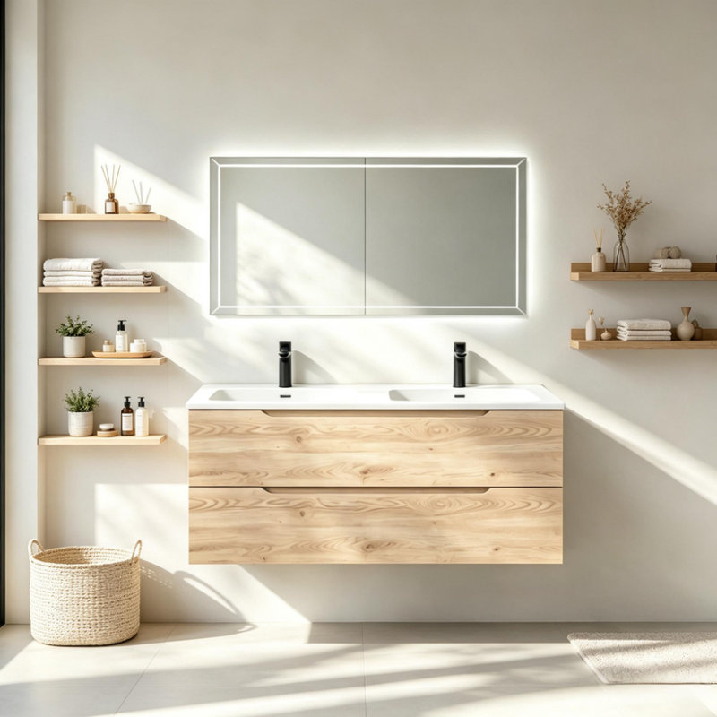 Meuble-lavabo suspendu double vasque de 122 cm (48 po), Evita Oak, rangement dissimulé, style contemporain, blanc., 48" W