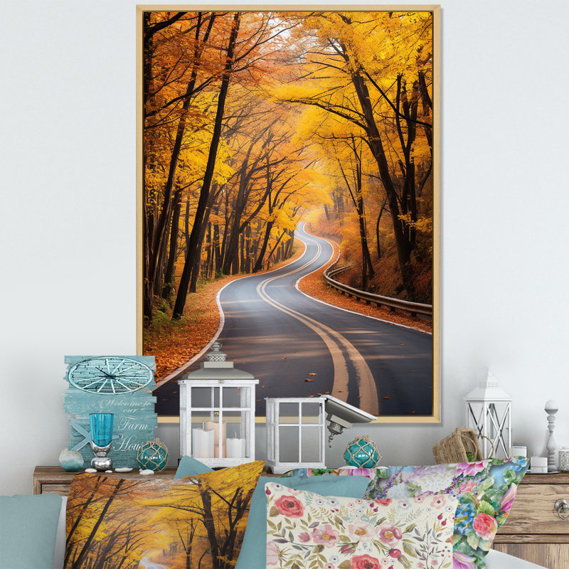 «Golden Road Into The Autumn Forest III» - art mural route, Cadre flottant brun, H 40 po x l 30 po x P 1,5 po