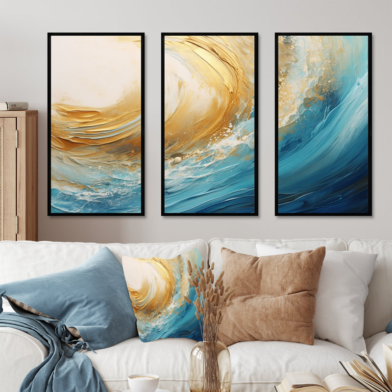 Golden Sapphire Surge V - Abstract Art, H 28 po x l 36 po x P 1 po, Cadre flottant noir