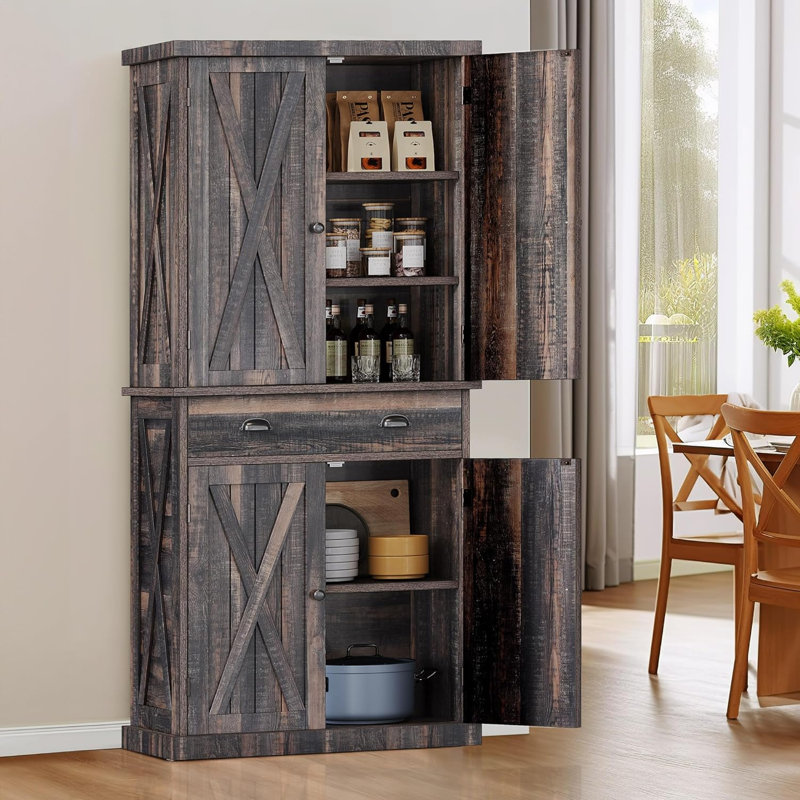 Grand garde-manger de style campagnard avec tablettes réglables, armoires de rangement avec portes et tiroir, armoire autoportante pour la cuisine, la salle à manger et le salon