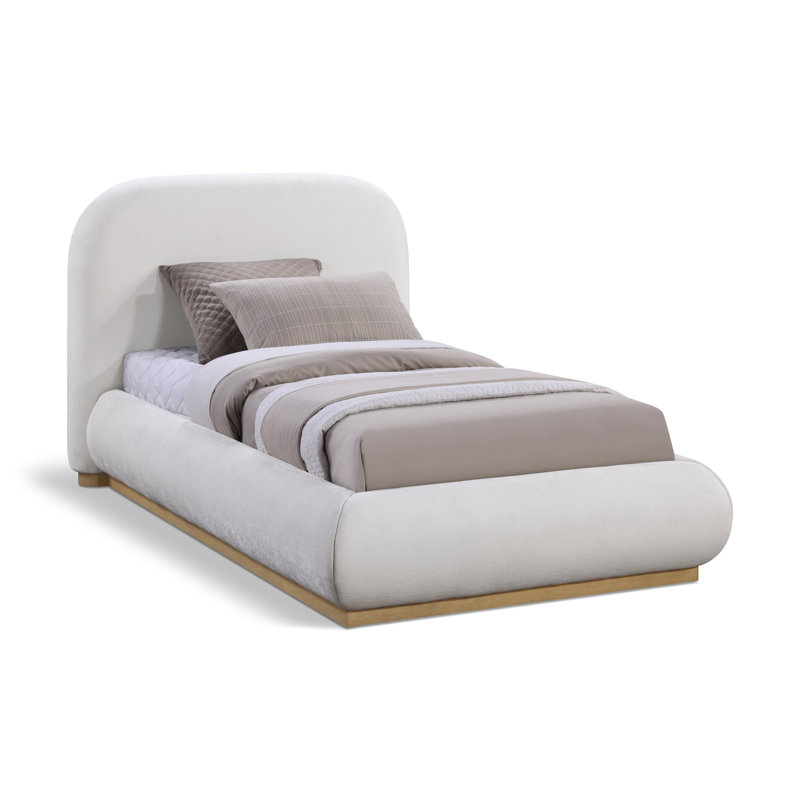 Humayrah Upholstered Panel Bed, Twin, Cream Chenille Fabric / Stained Natural