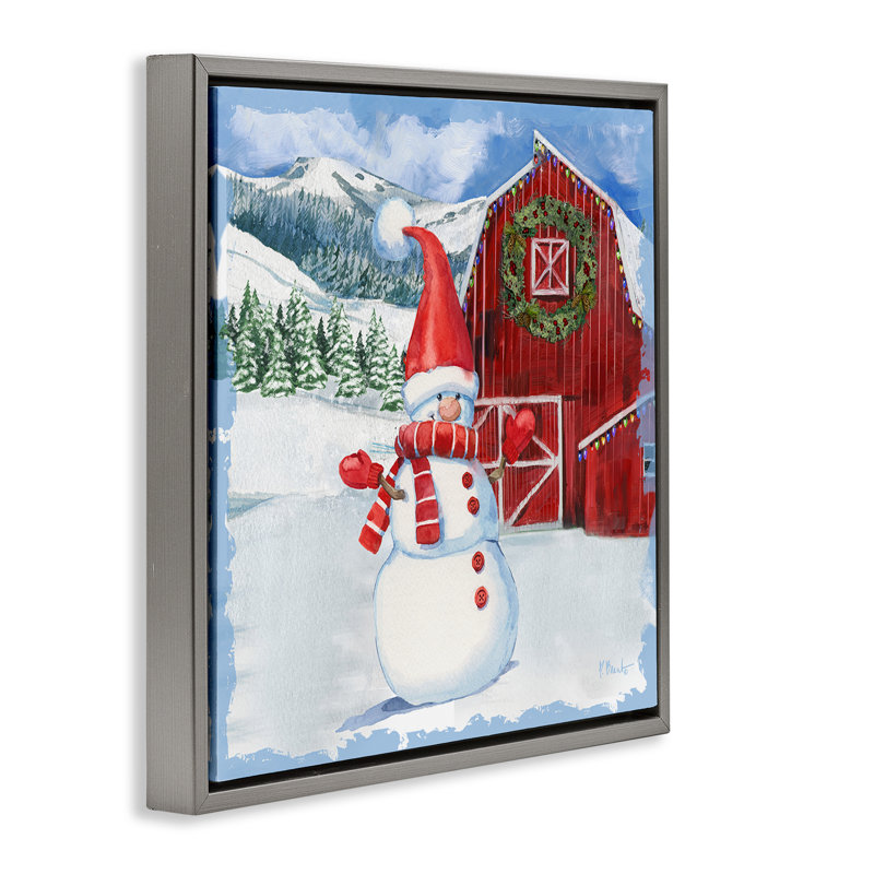 Cadre flottant Frosty Barn Snowman, design par Paul Brent, Cadre flottant gris lustré, H 18 po x l 18 po