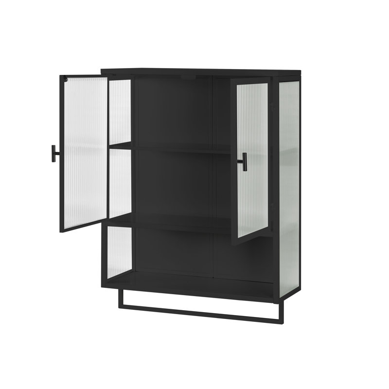 Armoire murale moderne à deux portes noire avec panneaux de verre et cadre en métal