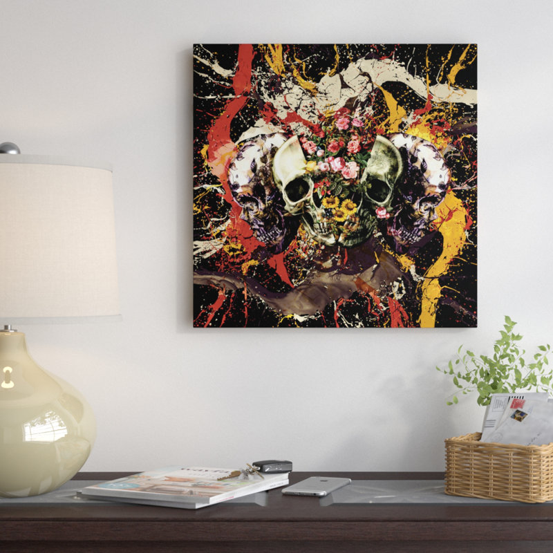 Crâne I, impression sur toile tendue, H 18 po x l 18 po x P 1,5 po, Toile avec cadre noir, Blanc