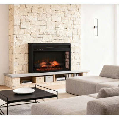 Retro Recessed Fireplace Heater With Realistic Log Flame,Electric Fireplace Insert,Remote Control,And Adjustable Brightness
